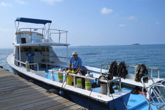 Raynel changing gear on dive boat