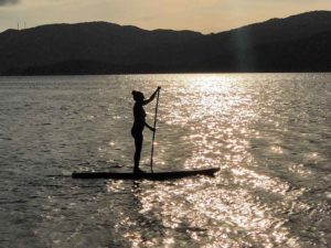 standup paddleboarding at sunset